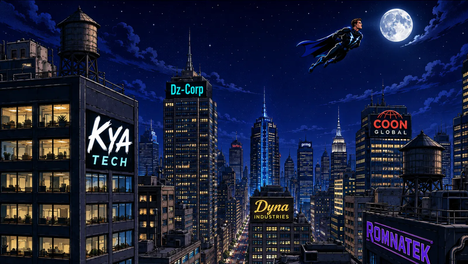 A caped hero in flight above a night-time city skyline, crossing a full moon.